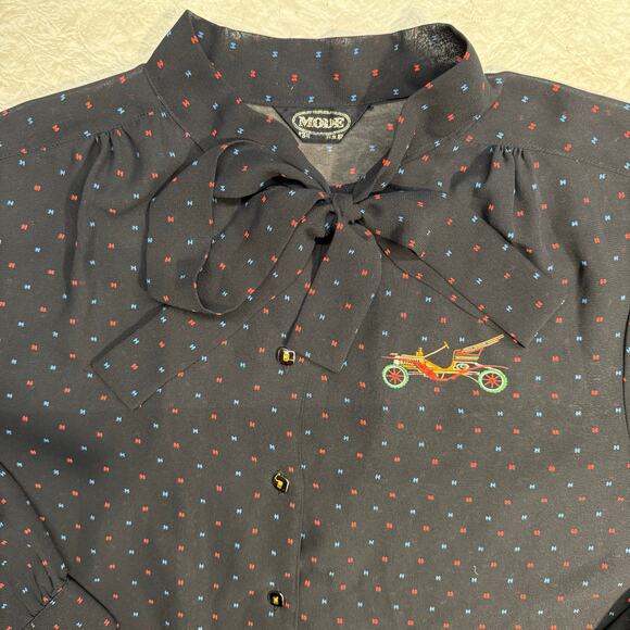 Vintage 70 80s Novelty Car Tie Neck Bow Blouse Retro Holiday Christmas Top Large - Picture 8 of 8